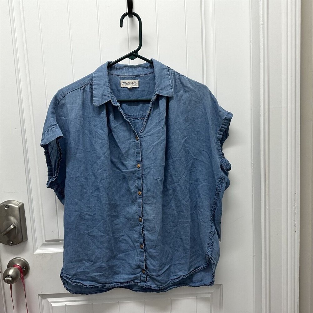 Madewell Womens Size M Shirt Top Short Sleeve Denim Chambray Blouse Boxy